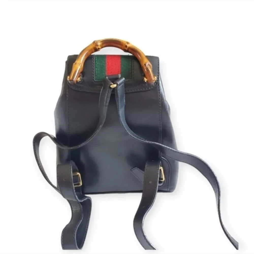 Authentic Vintage Gucci Bamboo Mini Backpack Black Leather Web Detail - Picture 3 of 15